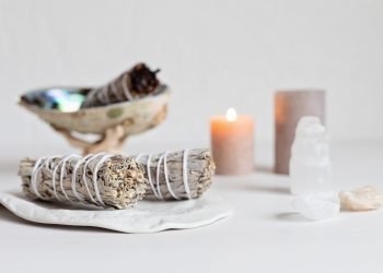 Smudge kit with white sage stick, abalone sea shell. Natural elements for cleansing negative energy Smudge kit with white sage stick, abalone sea shell. Natural elements for cleansing environment from negative energy, adding positive vibes. Spriritual practices, witchcraft concept